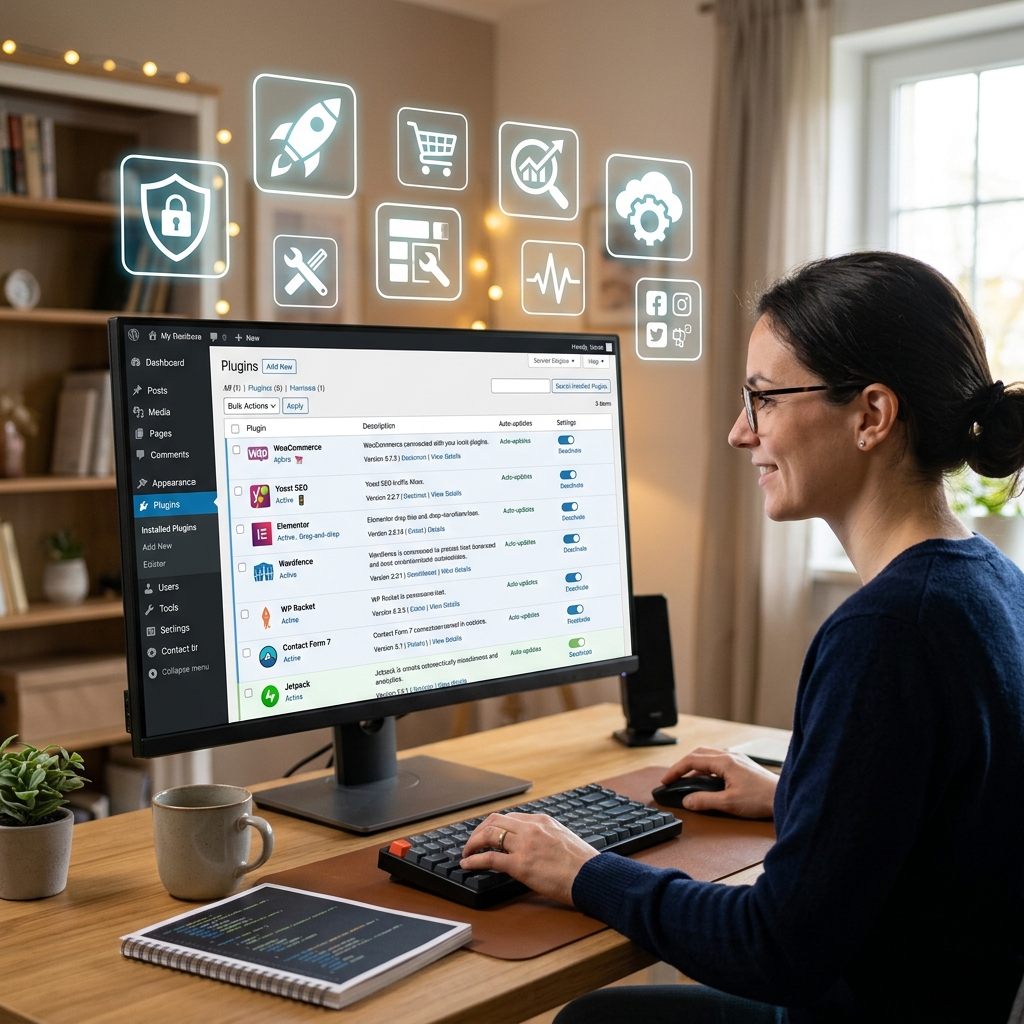 WordPress dashboard displaying the plugins management page with a woman working at a desk.
